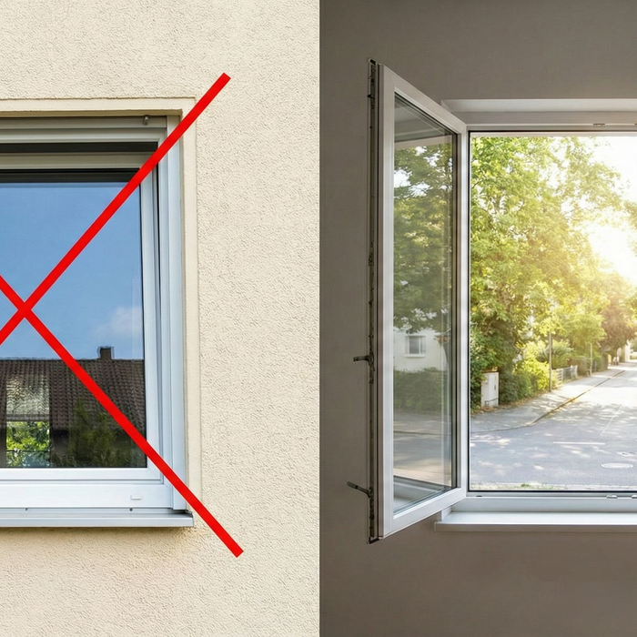 Een gesplitst beeld, met links een gekanteld raam, doorgestreept met een rode X. Rechts is een volledig open raam