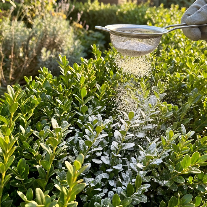 Anwendung von Algenkalk auf einer Buchsbaumhecke zur Vorbeugung gegen Zünslerbefall