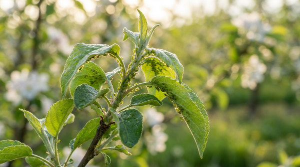 Appelboomtak met gekrulde bladeren en zichtbare bladluisplaag in het voorjaar