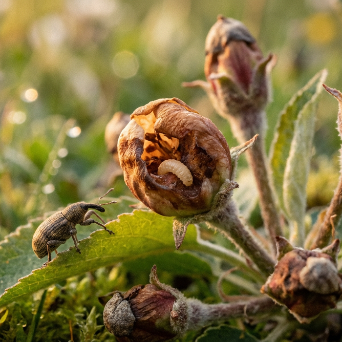 Larve van de appelbloesemsnijder: herkenning, ontwikkeling en schade