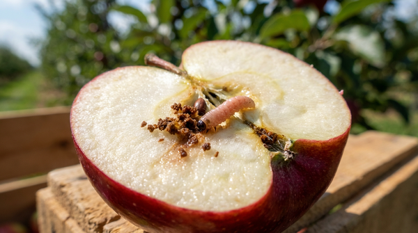 Gesneden appel met een vleeskleurige mottenrups en bruine mestkruimels in de vernietigde kern