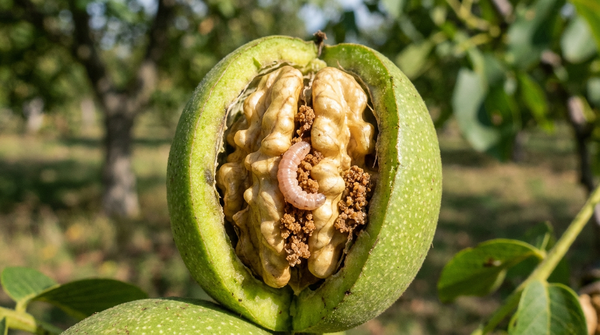 Fruitmotrups in een aangetaste walnoot met zichtbare sporen van voeding