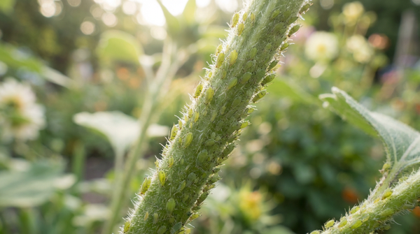 Ernstige bladluisplaag op een jonge groene plantenstengel in de tuin