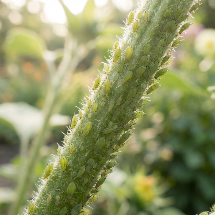 Ernstige bladluisplaag op een jonge groene plantenstengel in de tuin