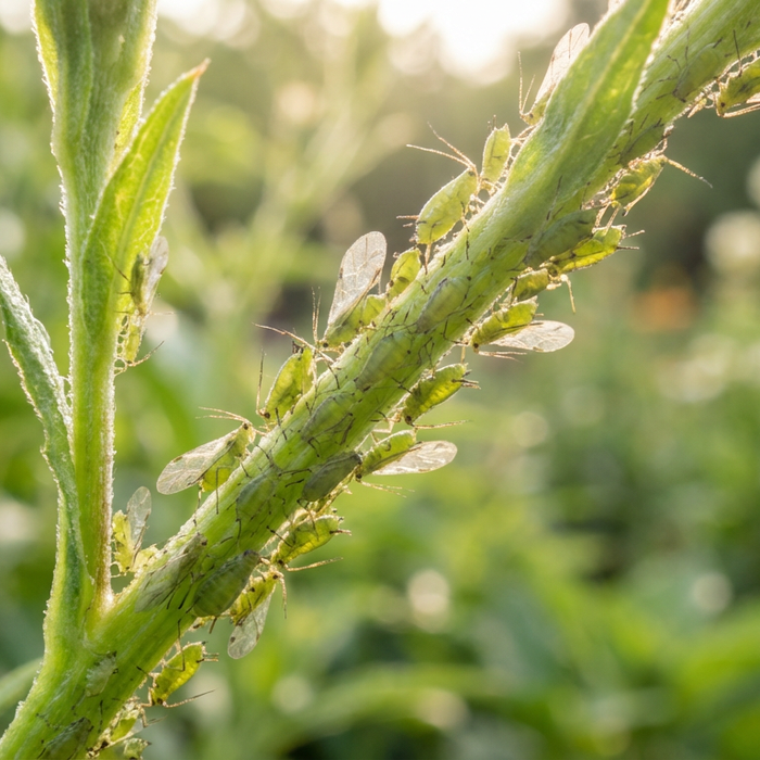 Close-up van groene bladluizen op een verse plantenspruit in de tuin