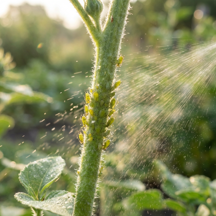 Bladluizen op een plant worden besproeid met een mengsel van afwasmiddel en water