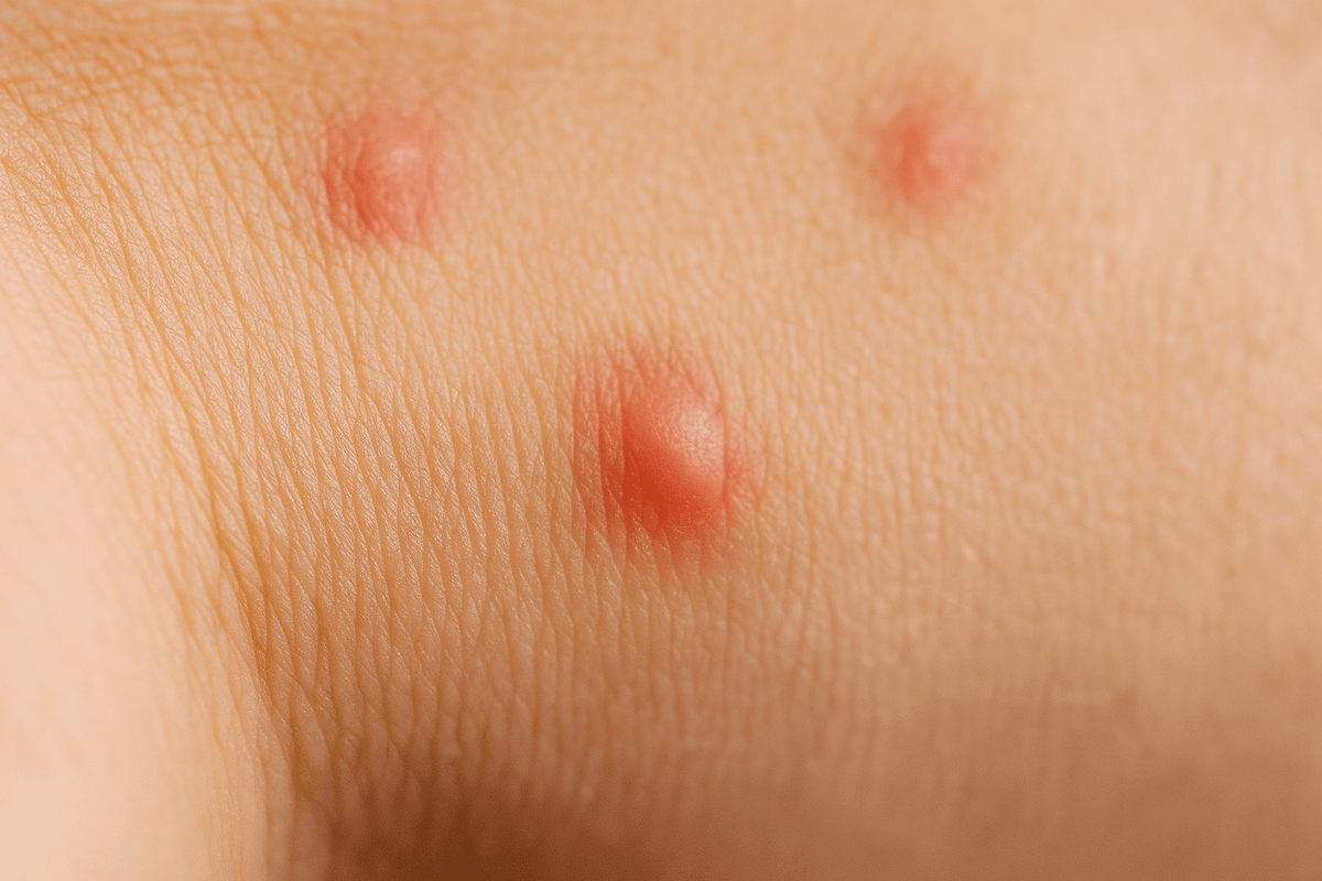 Flohbisse auf menschlicher Haut: Drei stark gerötete, leicht geschwollene Stiche in typischer Floh-Anordnung auf heller Haut. Medizinisches Makrobild zur Erkennung von Flohbiss-Symptomen.