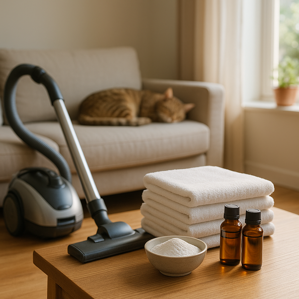 Lichte woonkamer met een slapende kat op de bank, stofzuiger, opgevouwen handdoeken, diatomeeënaarde en essentiële oliën - natuurlijke huismiddeltjes voor vlooien in het huishouden.