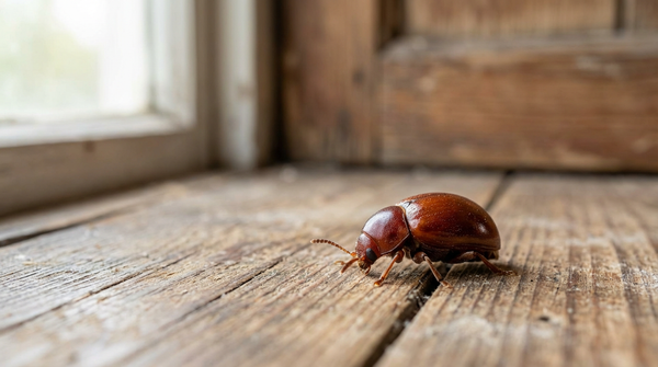 Close-up van een glanzende kogelkever op een rustieke houten vloer