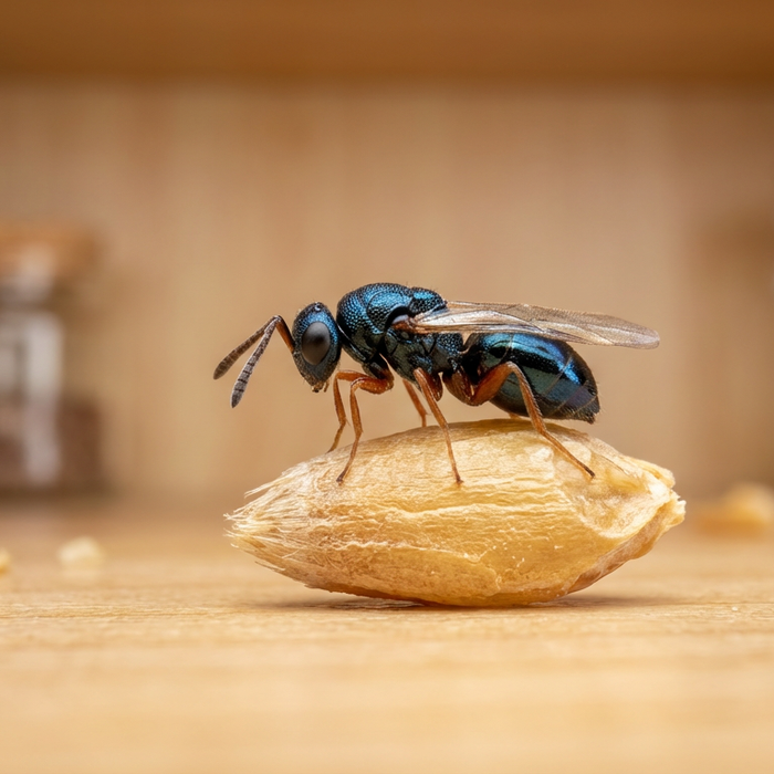 Close-up van een sprinkhaanwesp op een tarwekorrel voor biologische ongediertebestrijding