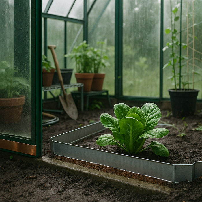 Innenansicht eines modernen Gewächshauses mit Kupferbändern an Türen, Schneckenzäunen aus Metall, Topfpflanzen, Schläuchen und Gartengeräten – effektive Schneckenabwehr durch physikalische Barrieren in feuchtem Klima.