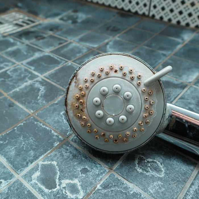 Zilveren douchekop met tegels om schoon te maken en op tegels te vormen. Stille douche met hard water.