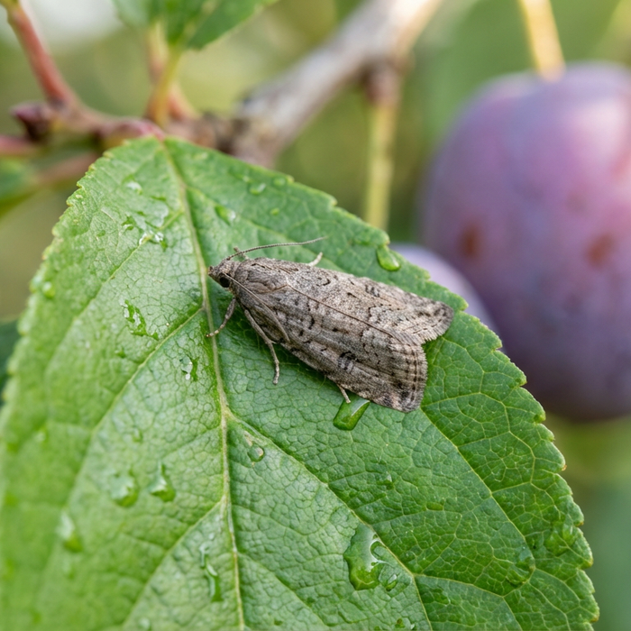 Pruimmotvlinder rustend op een groen blad van een pruimenboom