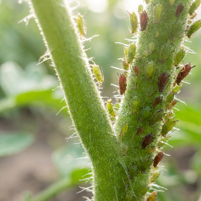Close-up van bladluizen op een tomatenstengel