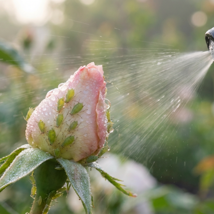 Close-up van bladluizen op een rozenknop tijdens behandeling met een spuitfles.