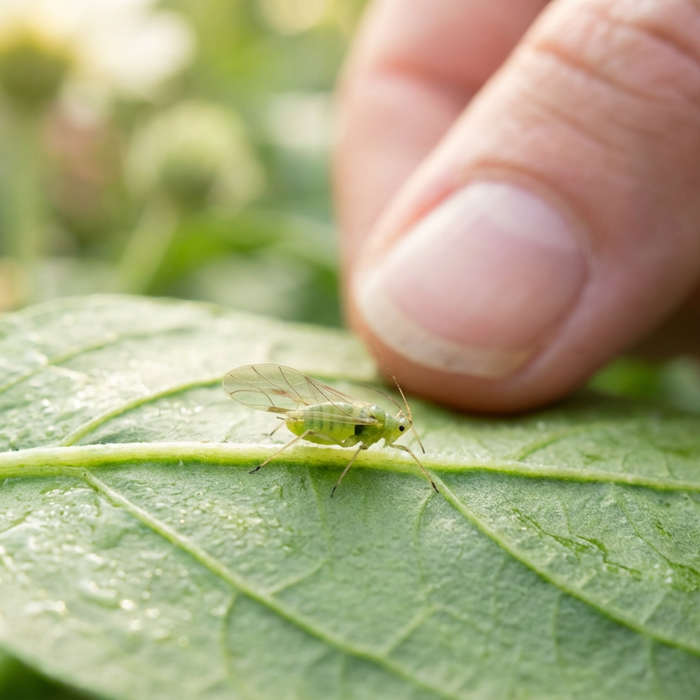 Close-up van een groene bladluis op een blad met menselijke vinger op de achtergrond om de onschadelijkheid te illustreren