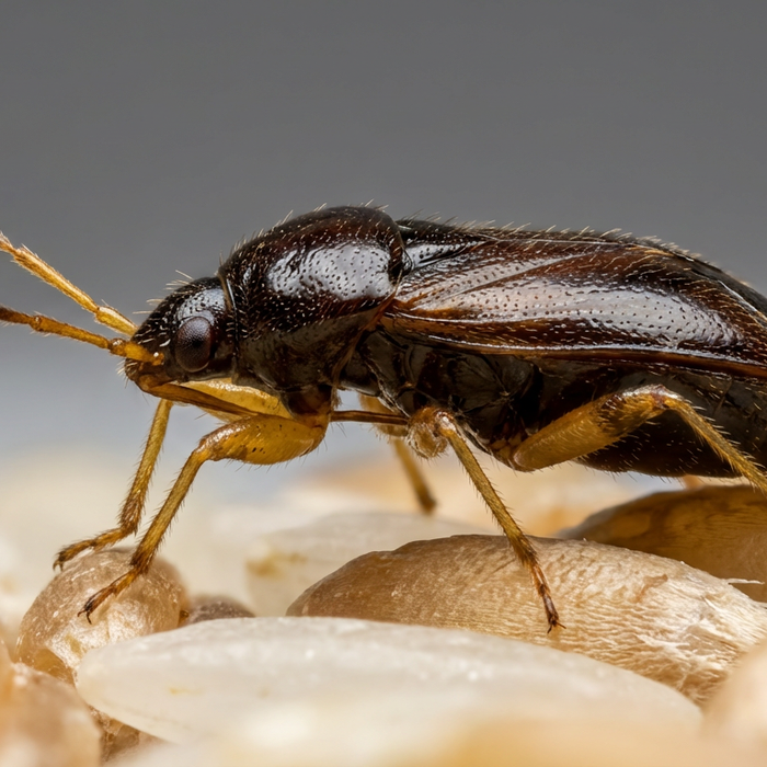 Close-up van een kamppiraat (Xylocoris flavipes) op graankorrels - een nuttig insect tegen ongedierte.