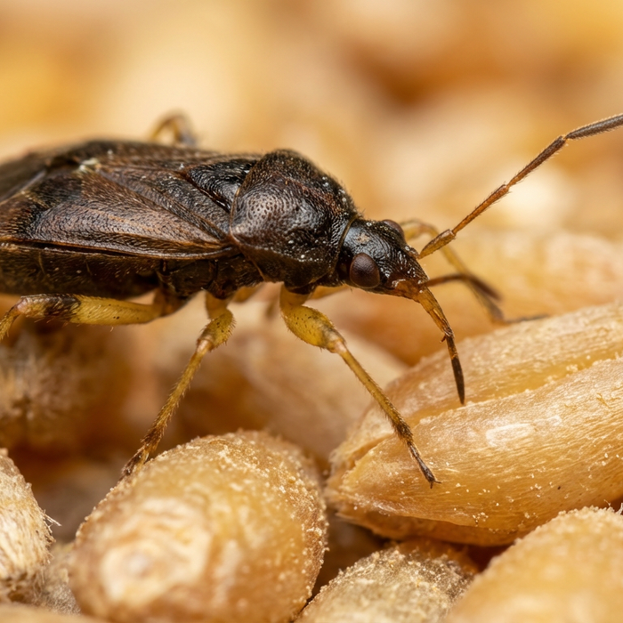 Kamppiraat Xylocoris flavipes op graankorrels