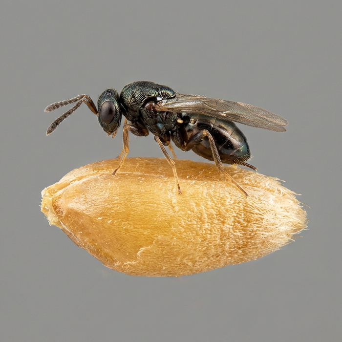 Close-up van een sprinkhaanwesp op een tarwekorrel voor biologische ongediertebestrijding