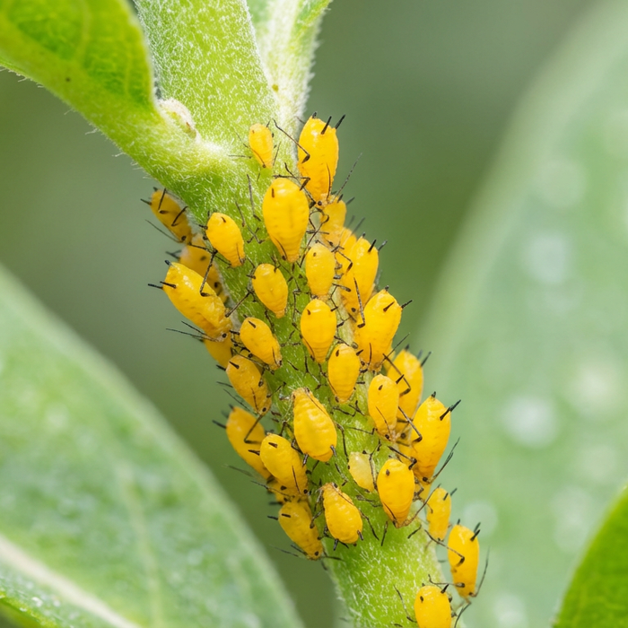 Gele bladluizen (oleanderbladluis) op een groene plantenstam close-up