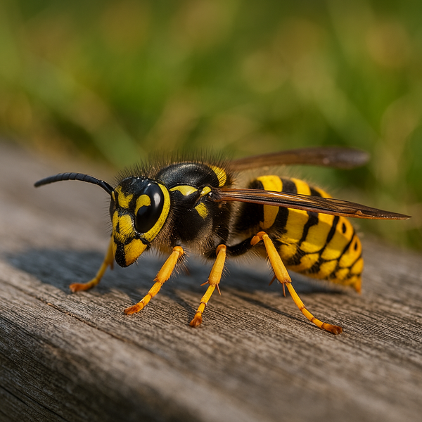 Wespenkoningin op hout - close-up voor betrouwbare identificatie in het voorjaar, typisch kenmerk: grote lichaamslengte, geelzwarte aftekeningen