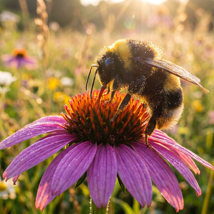 Wildbiene bestäubt eine farbenfrohe heimische Blüte auf einer Sommerwiese