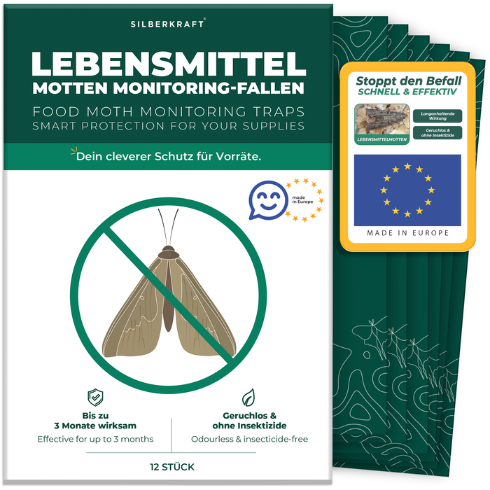 Lebensmittelmottenfallen,  Pheromon-Leimfallen zur Befallsüberwachung von Lebensmittelmotten in Küche & Vorratsräumen inkl. E-Book - Silberkraft