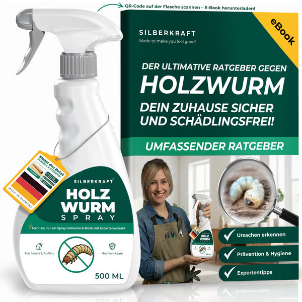 Silberkraft houtwormspray 1000 ml naast de eBook-gids 'De ultieme gids tegen houtworm' met een expert.