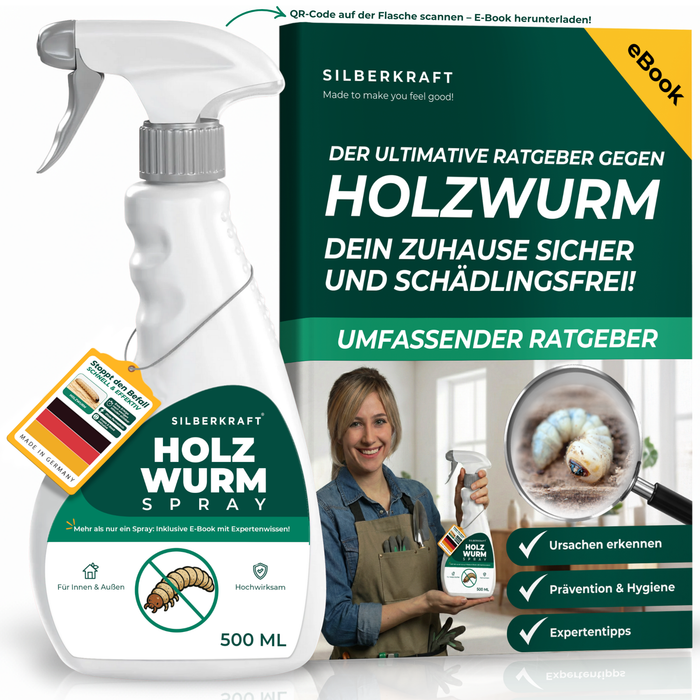 Silberkraft Holzwurmspray 1000 ml neben dem eBook-Ratgeber ‚Der ultimative Ratgeber gegen Holzwurm‘ mit Expertin.