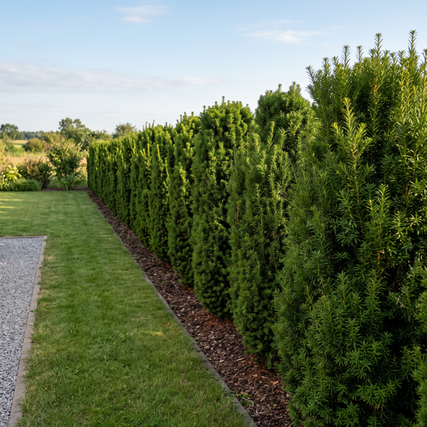 Becher-Eibe 'Hicksii' als schmale, dichte Eibenhecke von etwa 1,6 m Höhe im Garten – KI-generierte Beispielabbildung