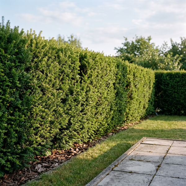 Becher-Eibe 'Hillii' als dichte, breit-aufrechte Eibenhecke von etwa 1,6 m Höhe im Garten – KI-generierte Beispielabbildung