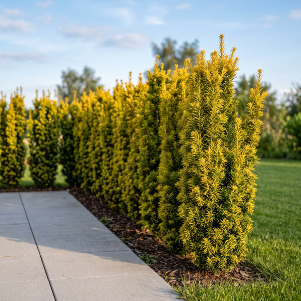 Gelbe Säulen-Eibe 'David' als schmale Hecke aus goldgelben Säulen, etwa 1,5 m hoch, im Garten – KI-generierte Beispielabbildung