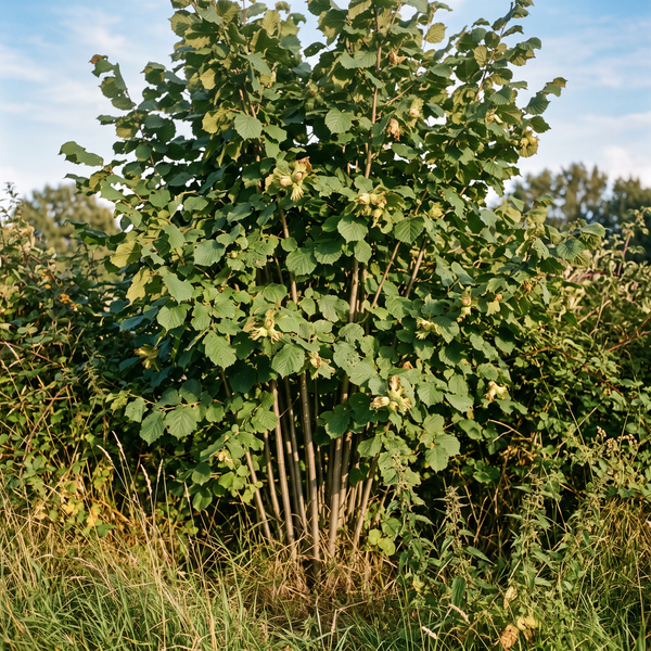 Haselnuss als vieltriebiger Wildstrauch mit grünen Nüssen in einer naturnahen Hecke im Spätsommer – KI-generierte Beispielabbildung