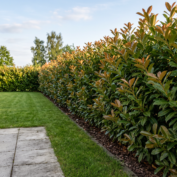 Kirschlorbeer 'Etna' als kompakte Hecke mit bronzefarbenem Austrieb im Frühling, etwa 1,6 m hoch – KI-generierte Beispielabbildung