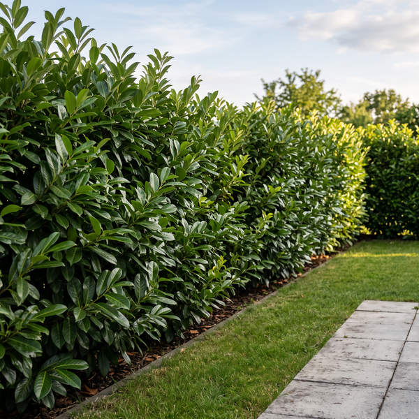 Kirschlorbeer 'Novita' als dichte, etwa 1,8 m hohe Sichtschutzhecke im Garten – KI-generierte Beispielabbildung