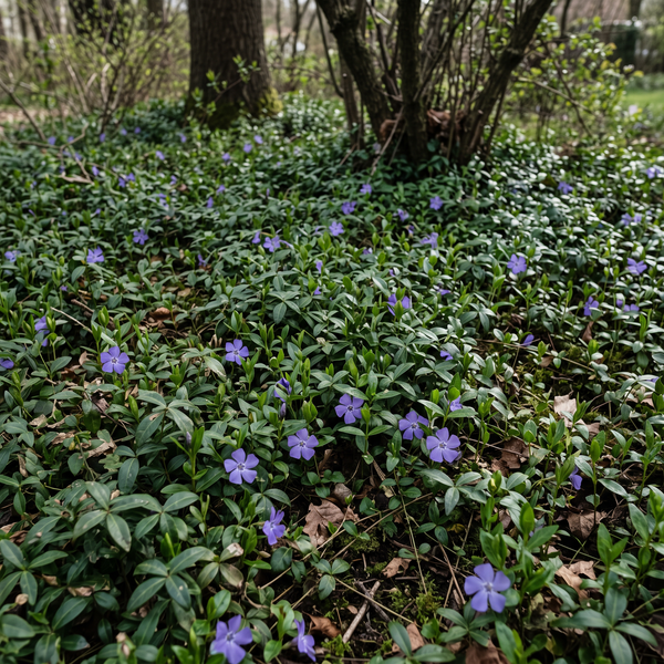 Kleines Immergrün als dichter, immergrüner Bodendecker mit violettblauen Blüten im Schatten unter Gehölzen – KI-generierte Beispielabbildung