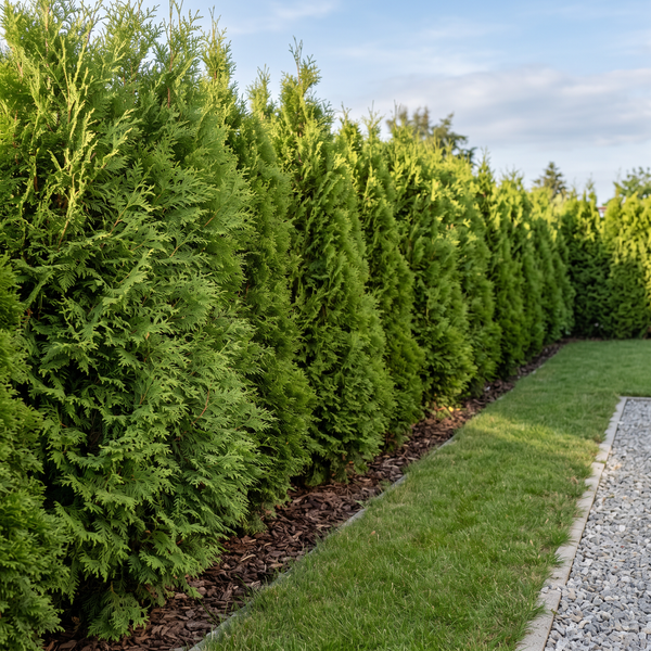 Lebensbaum 'Brabant' als frischgrüne Thuja-Hecke von etwa 2 m Höhe im Garten – KI-generierte Beispielabbildung