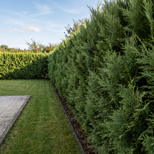 Leylandzypresse als dichte, etwa 2 m hohe immergrüne Sichtschutzhecke im Garten – KI-generierte Beispielabbildung