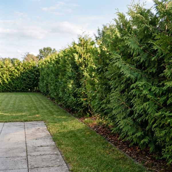 Riesen-Lebensbaum 'Martin' als glänzend grüne Thuja-Hecke von etwa 2 m Höhe im Garten – KI-generierte Beispielabbildung