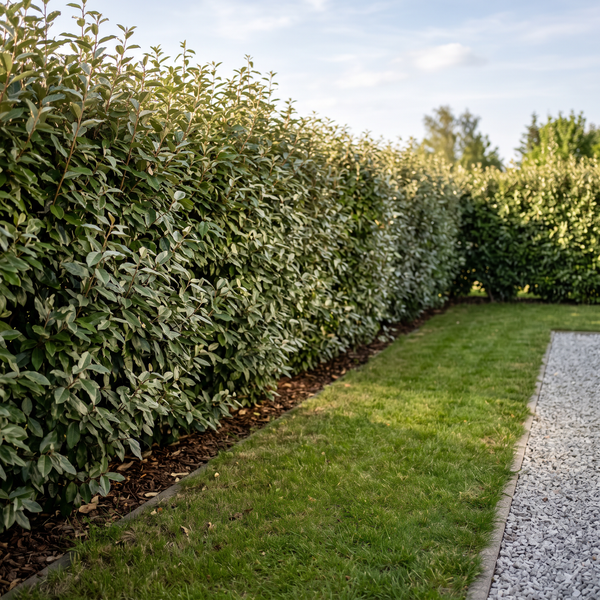 Wintergrüne Ölweide als dichte, silbrig glänzende Hecke von etwa 1,8 m Höhe im Garten – KI-generierte Beispielabbildung