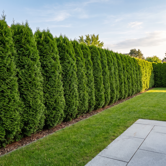 Haag van Thuja 'Smaragd' als dicht privacyscherm langs het gazon in de zomer (door AI gegenereerde illustratie)