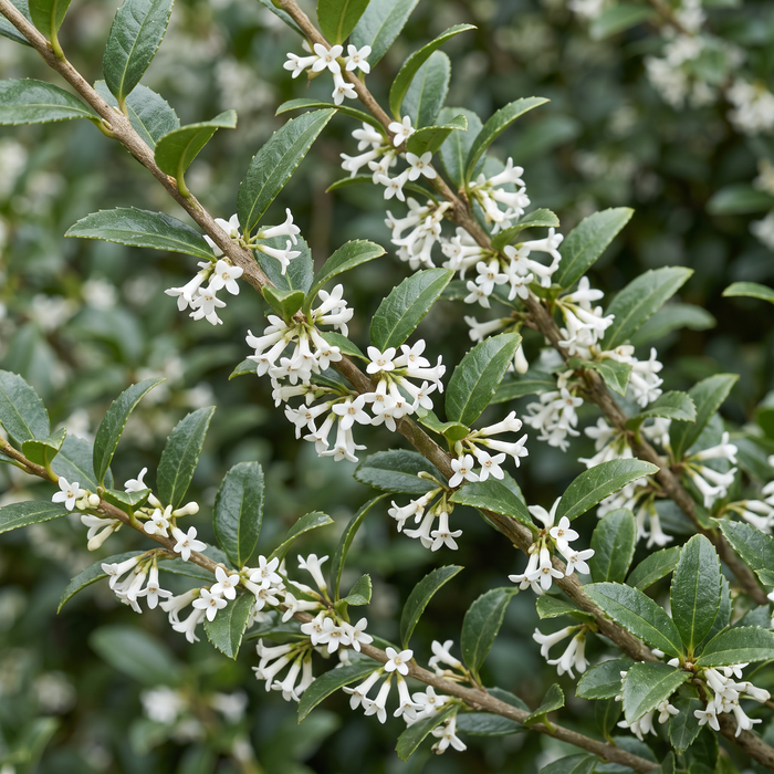 Close-up van de schijnhulst (Osmanthus × burkwoodii): kleine witte bloemen en leerachtig blad – door AI gegenereerde voorbeeldafbeelding