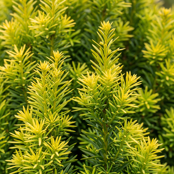 Close-up van de gele zuilvormige venijnboom 'David' (Taxus baccata 'David'): naalden – door AI gegenereerde voorbeeldafbeelding