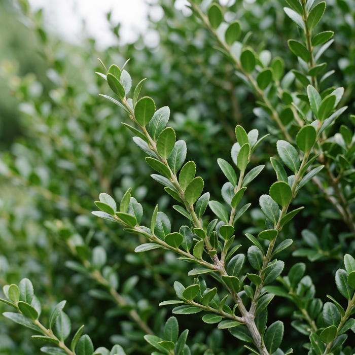 Close-up Japanse hulst 'Green Hedge' (Ilex crenata 'Green Hedge'): bladeren en scheuten – door AI gegenereerde voorbeeldafbeelding