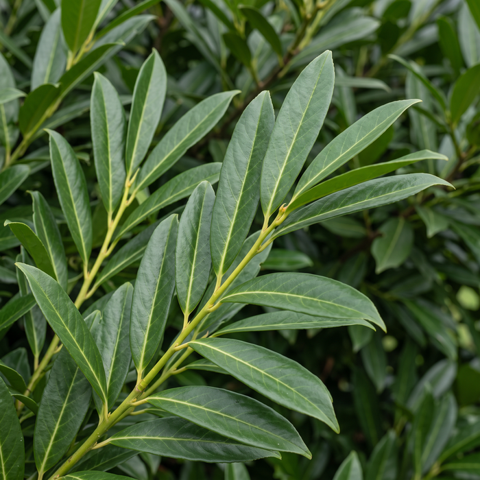 Close-up laurierkers 'Caucasica' (Prunus laurocerasus 'Caucasica'): bladeren en scheuten – door AI gegenereerde voorbeeldafbeelding