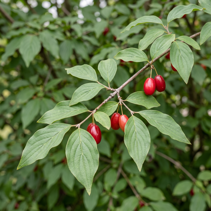 Close-up van de gele kornoelje (Cornus mas): bladeren en rode kornoeljevruchten in de nazomer – door AI gegenereerde voorbeeldafbeelding