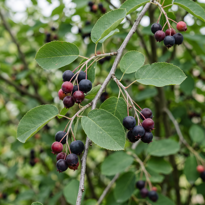 Close-up van krentenboompje (Amelanchier lamarckii): bladeren en rijpe, donkere bessen in de vroege zomer – door AI gegenereerde voorbeeldafbeelding