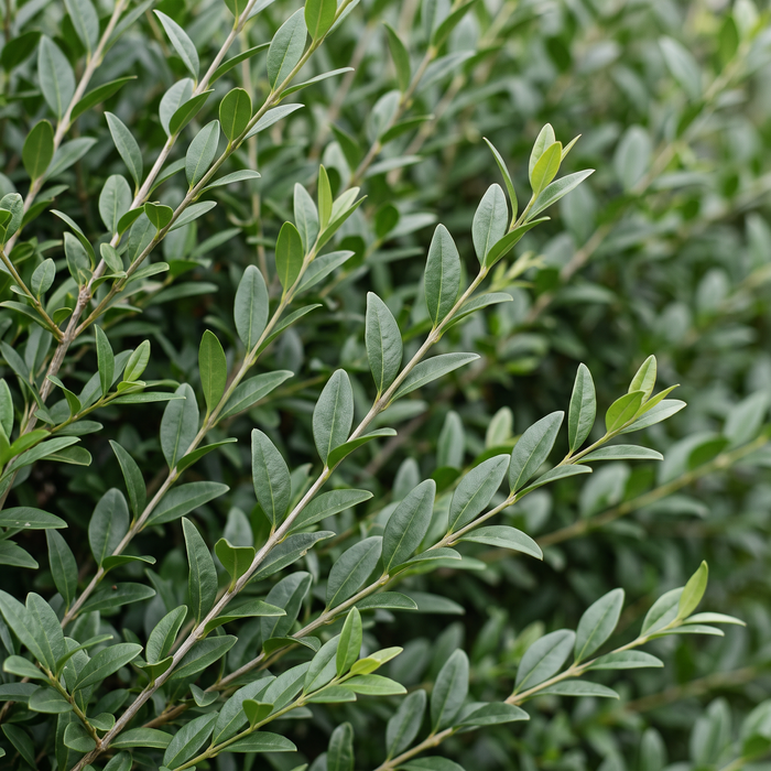 Close-up van Ligustrum 'Atrovirens' (Ligustrum vulgare 'Atrovirens'): bladeren en scheuten – door AI gegenereerde voorbeeldafbeelding