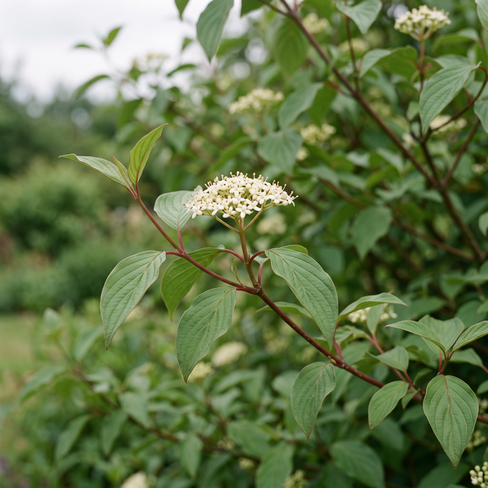 Close-up van rode kornoelje (Cornus sanguinea): bladeren met boogvormige nerven en witte bloemschermen – door AI gegenereerde voorbeeldafbeelding