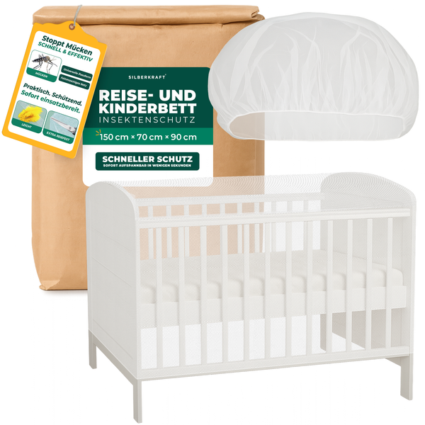 Insectenbescherming voor reis- en kinderbedden - klamboe 150x70x90cm - opvouwbaar & ademend - voor babyreiswiegjes en extra bedden - incl. transporttas - Silberkraft